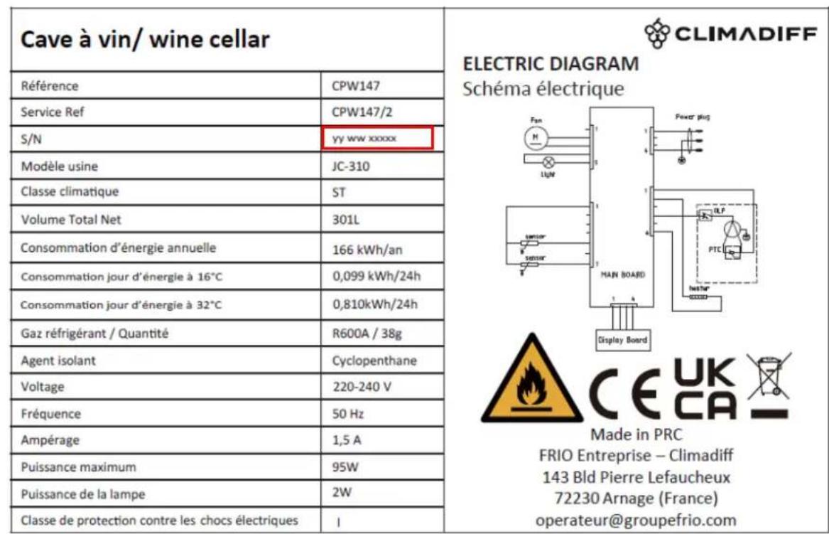 Cave à vin/ wine cellar Référence CPW147 Service Ref CPW147/2 S/N yy ww xxxx Modèle usine JC-310 Classe climatique ST Volume Total Net 301L Consommation d'énergie annuelle 166 kWh/an Consommation jour d'énergie à 16°C 0,099 kWh/24h Consommation jour d'énergie à 32°C 0,810kWh/24h Gaz réfrigérant / Quantité R600A / 38g Agent isolant Cyclopenthane Voltage 220-240 V Fréquence 50 Hz Ampérage 1,5 A Puissance maximum 95W Puissance de la lampe 2W Classe de protection contre les chocs électriques I ELECTRIC DIAGRAM Schéma électrique Made in PRC FRIO Entreprise – Climadiff 143 Bld Pierre Lefaucheux 72230 Arnage (France) operateur@groupefrio.com