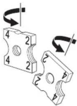 Technical diagram showing two mechanical components with numbered parts and rotational arrows indicating motion or assembly.