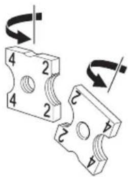 Technical diagram showing two mechanical components with numbered parts and rotational arrows indicating motion or assembly.