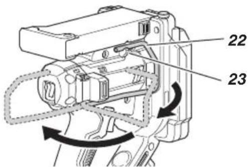 Technical diagram of a mechanical device with numbered components and directional arrows indicating motion or assembly.