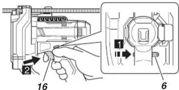 Technical diagram showing a hand operating a mechanical device with labeled parts and an inset view of the device's internal structure.
