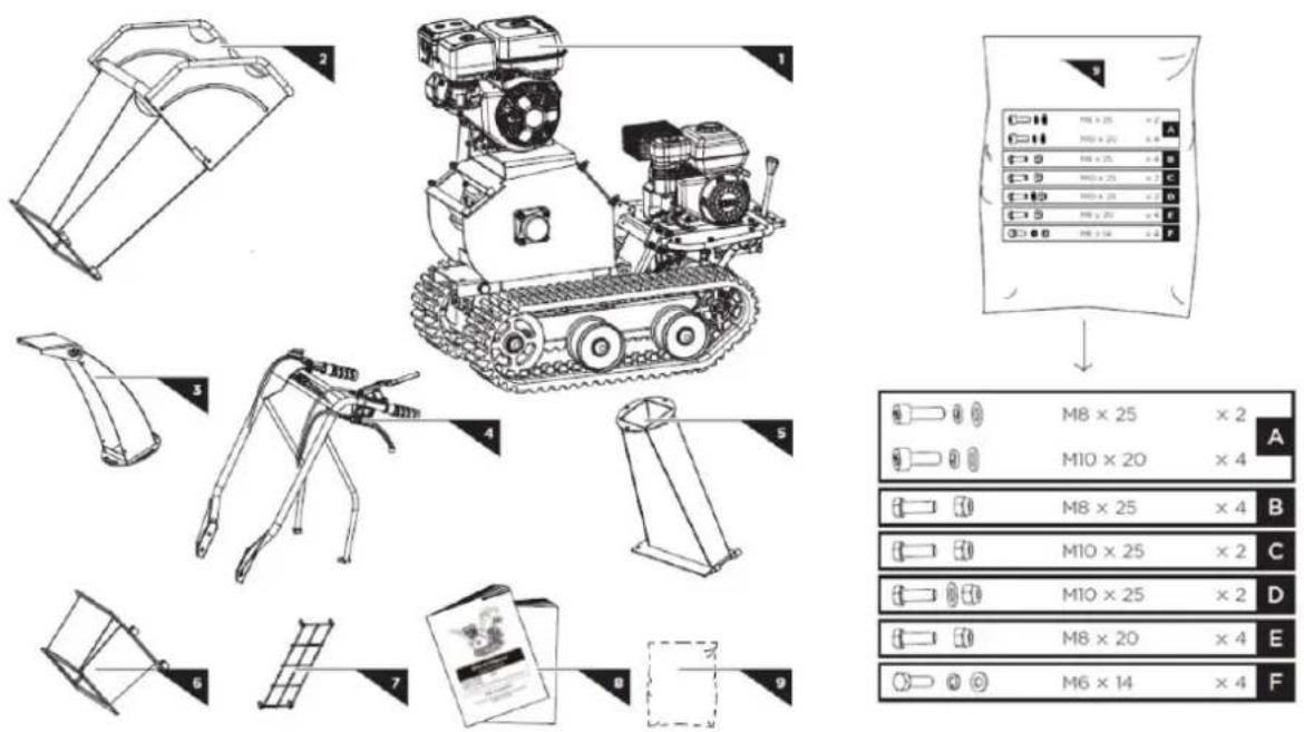 Technical diagram showing exploded and assembled views of a tracked robot with labeled parts and parameter settings.