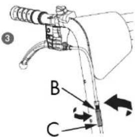 Technical diagram of a mechanical device with labeled parts B and C, showing components like tubing and lever mechanism.