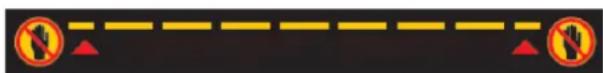 Traffic sign indicating no crossing, with red triangular warning symbols and yellow dashed lines