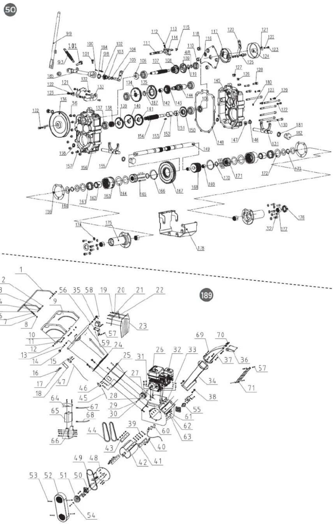 Technical diagram of a mechanical assembly with numbered components and exploded view, including labeled parts and part numbers.