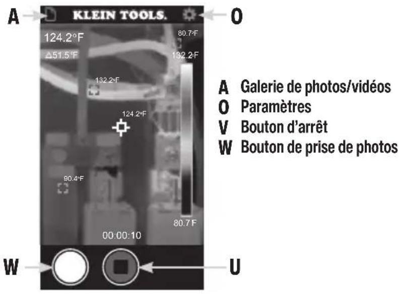 A KLEIN TOOLS. 124.2°F 80.7°F Δ51.5°F 132.2°F 132.2°F 124.2°F 90.4°F 80.7°F 00:00:10 W U A Galerie de photos/vidéos O Paramètres V Bouton d'arrêt W Bouton de prise de photos