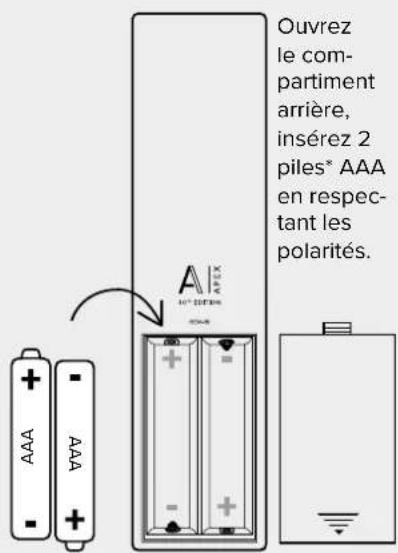Ouvrez le compartiment arrière, insérez 2 piles* AAA en respectant les polarités.