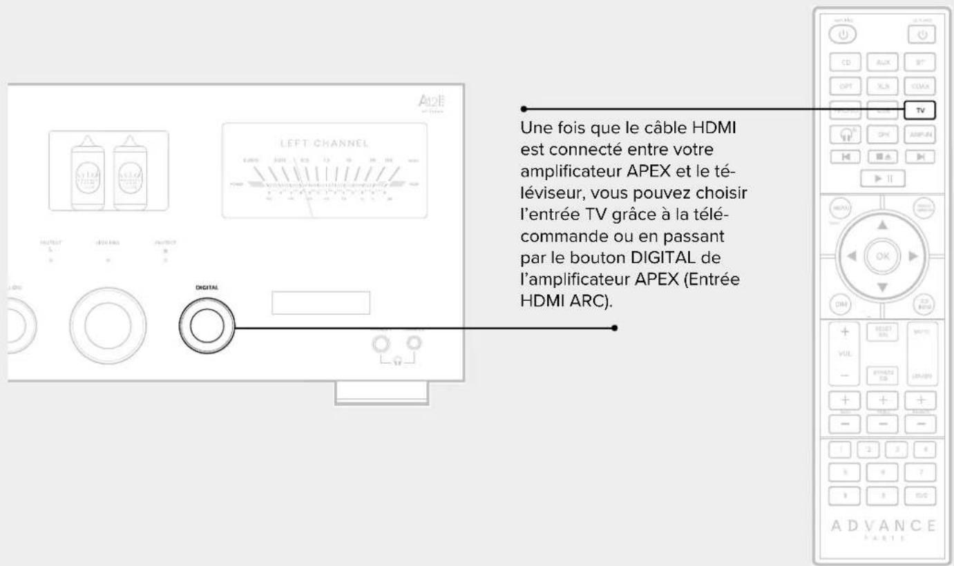 Une fois que le câble HDMI est connecté entre votre amplificateur APEX et le téléviseur, vous pouvez choisir l'entrée TV grâce à la télécommande ou en passant par le bouton DIGITAL de l'amplificateur APEX (Entrée HDMI ARC).
