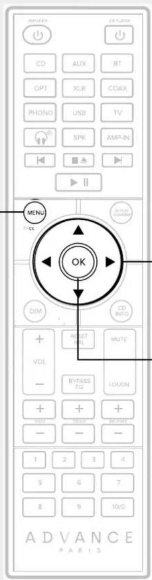 AMERICAN CD PLAYER CD AUX BT OPT XLR COAX PHONO USB TV SPK AMP-IN MENU OK DIM CD INFO + OFFSET MUTE VOL BYPASS LOUDEN - TESUS BILJADES 1 2 3 4 5 6 7 8 9 10/0 ADVANCE PARIS