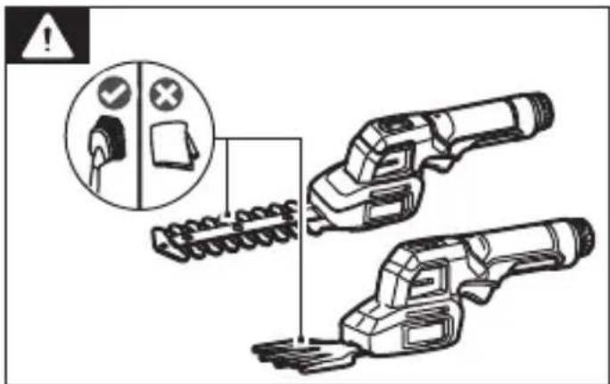 Safety warning illustration showing disassembly of a tool with labeled parts and warning symbols