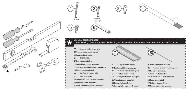 PH 2 24 mm Tx x t20 1 6X (38 mm) 2 4X (25 mm) Txx T20 3 2X 4 5 Zx 6 EN Only certain models. If the following parts are not supplied with your dishwasher, they are not intended for your specific model. AR thiGoze ortapazem wozemn. CSPouze naktem modely. CN DAKun visse modeler. DENur bei bestimmten Modelen. ESTöle se aplica a determinados modelos. ETAlmüt testud modeler. FA Vain hietiy malit. FRUniquement pour certaine modelos. HRTSamo ta neikim modela. HUCuak blonyos modelak esaktiben. IT KKTes feztril diş wozemzurp. MK LT LV NLAlten bepaadei modelen. NOBare enkete modeler. PLDutyary tybka wizluyanh modeli. 7 RONkumal is anumite modele. RU SKIba niisktori modely. SLSamo nekateri modeli. SQVetim disa modele ti caktura. SRSamo neki modeli. SVEndast vissa modeler. UKTImune a gerasw wozemn.