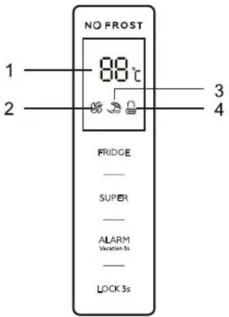 NO FROST 1 —— 88°C 2 —— 3 —— 4 —— FRIDGE — SUPER — ALARM Vacation 3s — LOCK 3s