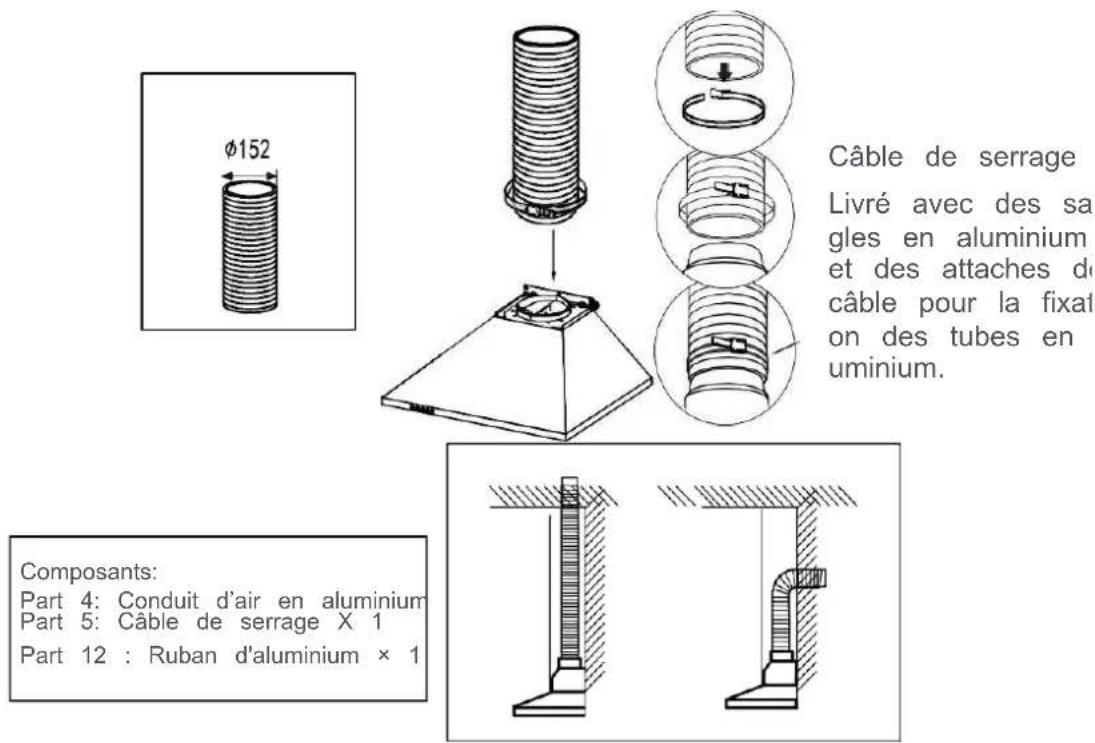 Câble de serrage Livré avec des sa gles en aluminium et des attaches de câble pour la fixat on des tubes en uminium. Composants: Part 4: Conduit d'air en aluminium Part 5: Câble de serrage X 1 Part 12 : Ruban d'aluminium × 1