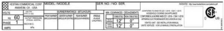 Hestan KRT365 - RATING LABEL - 1