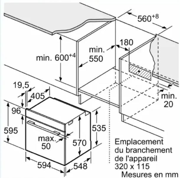 560+8 min. 600+4 min. 550 180 min. 20 19,5 405 96 595 max. 50 535 570 548 594 Emplacement du branchement de l'appareil 320 x 115 Mesures en mm