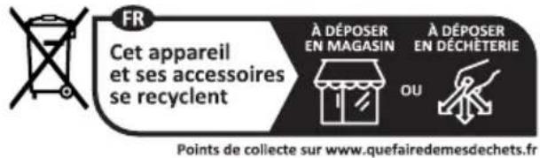 FR Cet appareil et ses accessoires se recyclent À DÉPOSER EN MAGASIN À DÉPOSER EN DÉCHÉTERIE OU Points de collecte sur www.quefairedemesdechets.fr