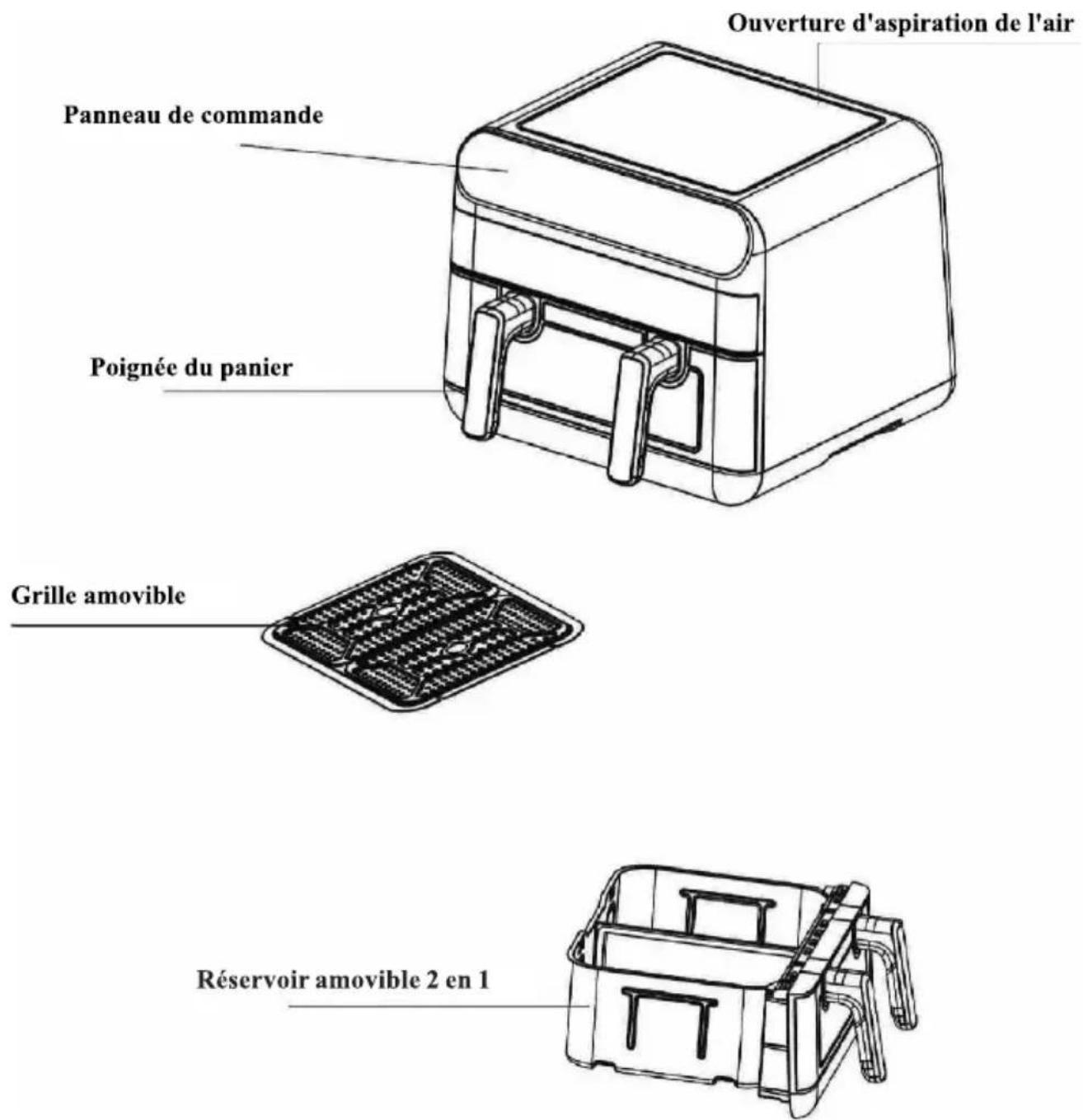 Ouverture d'aspiration de l'air Panneau de commande Poignée du panier Grille amovible Réservoir amovible 2 en 1