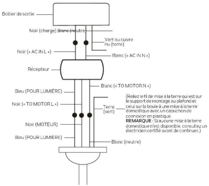 Boîtier de sortie Noir (charge) Blanc (neutre) Vert ou cuivre nu (terre) Noir (« AC IN L ») Blanc (« AC IN N ») Récepteur Blanc (« TO MOTOR N ») Bleu (POUR LUMIÈRE) Noir (« TO MOTOR L ») Terre (vert) Noir (MOTEUR) Blanc (neutre) RemarQUE : Si aucune mise à la terre domestique n'est disponible, consultez un électricien certifié avant de continuer.