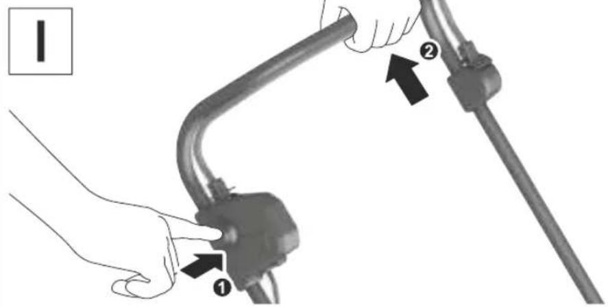 Diagram showing a hand holding a flexible hose with labeled parts ① and ②, indicating mechanical or electrical component positioning.