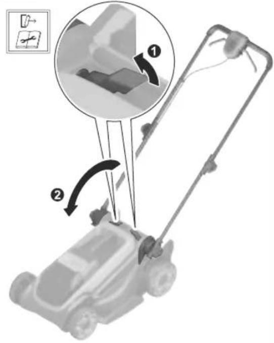 Diagram illustrating the use of a lawn mower with labeled parts and directional arrows indicating motion or movement.
