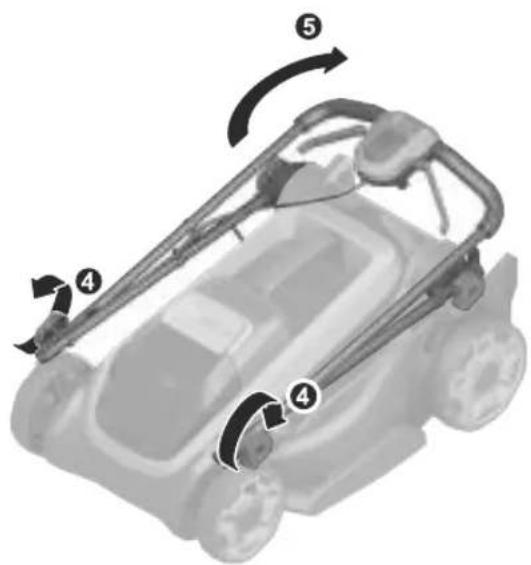 Diagram of a lawn mower with numbered parts and rotation arrows indicating motion sequence