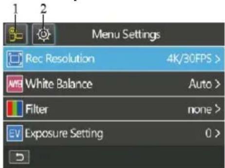 Menu Settings Rec Resolution 4K/30FPS > White Balance Auto > Filter none > Exposure Setting 0 >