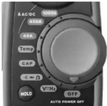 AAC/DC 1000A 400A 40A Temp CAP ← → Ω HOLD V≡Hz OFF AUTO POWER OFF