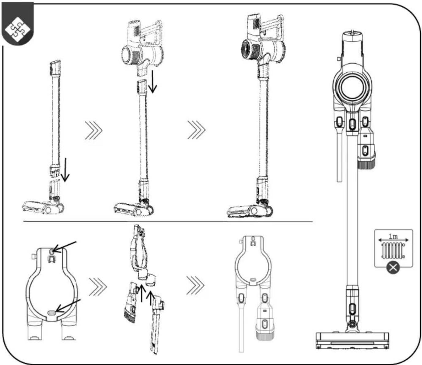 Technical diagram illustrating the assembly of a vacuum cleaner with labeled parts and directional arrows indicating motion.