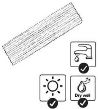 Diagram illustrating wood grain inspection with water drop, sun icon, and dry well checkmark indicators