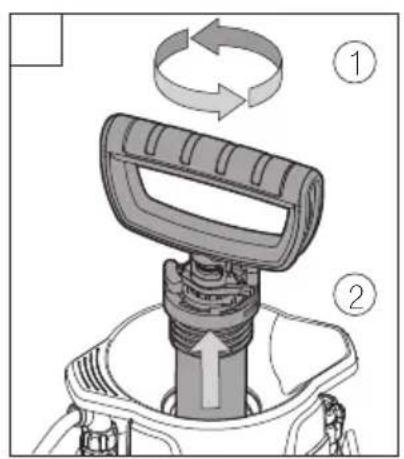 Diagram of a mechanical device with labeled parts and circular motion indicators
