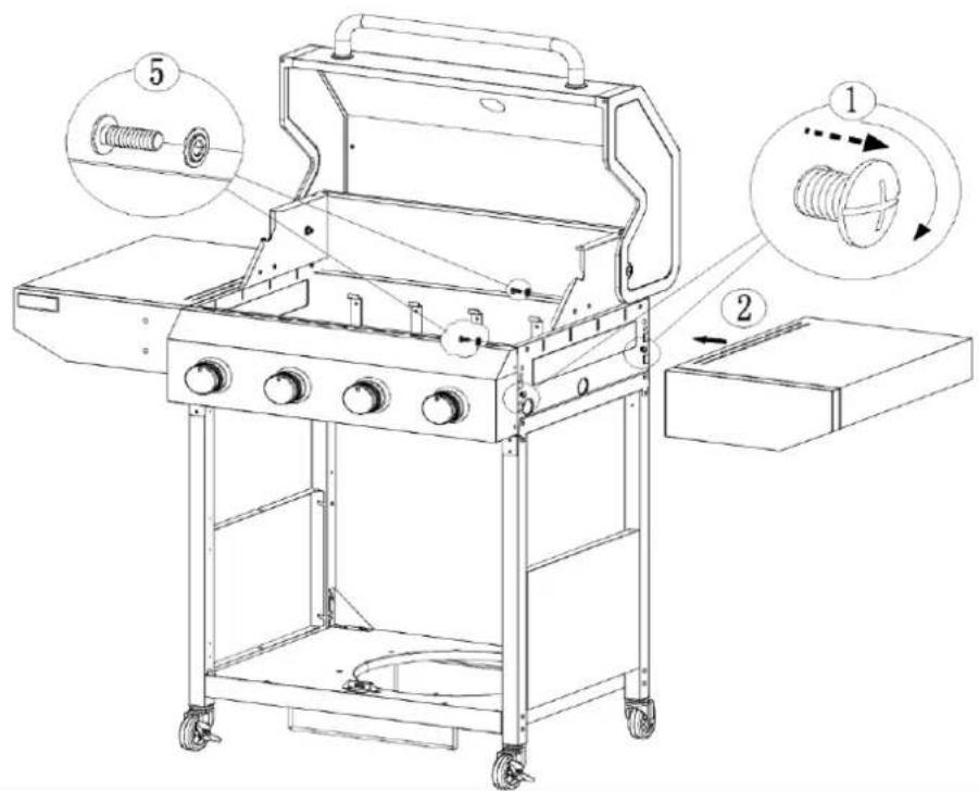 Technical diagram of a portable grill with labeled parts and component annotations