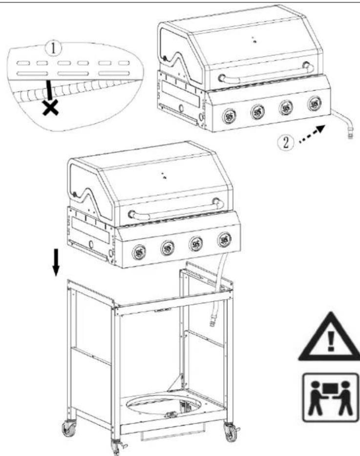 Technical diagram showing three-step installation of a portable stove with labeled components and warning symbols