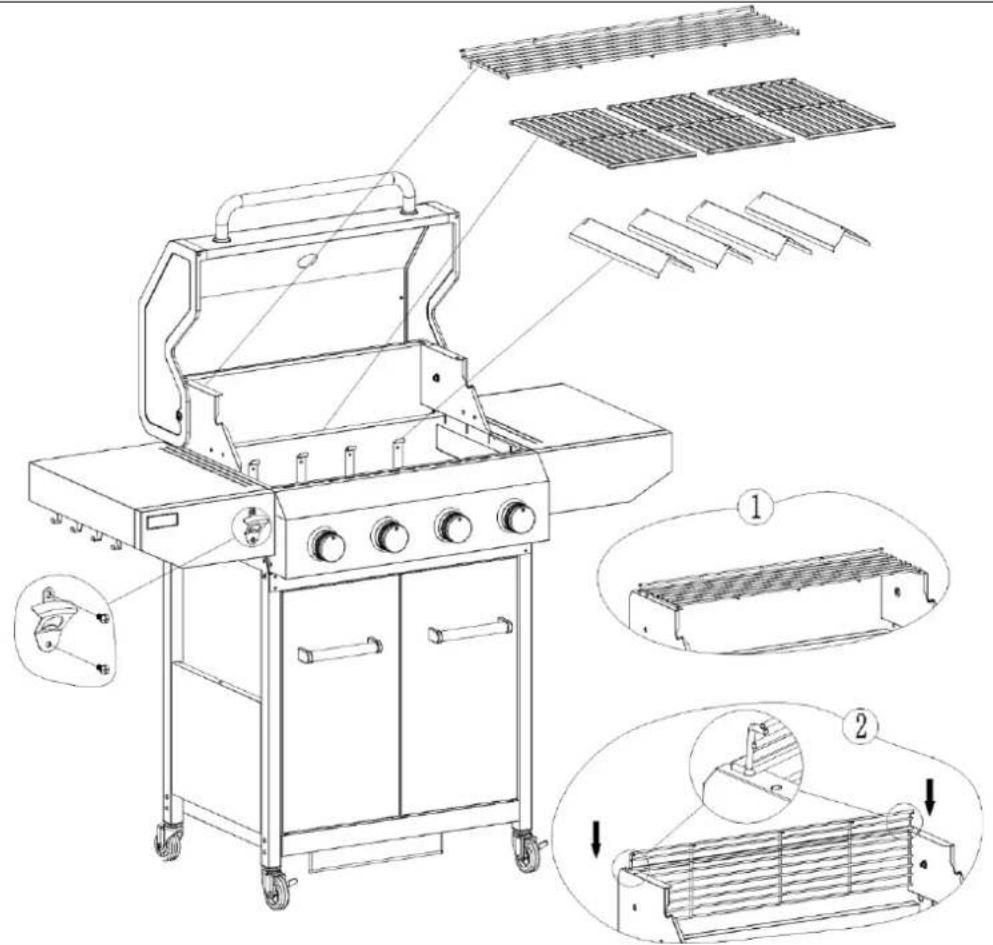 Technical diagram of a gas stove with labeled components and exploded views