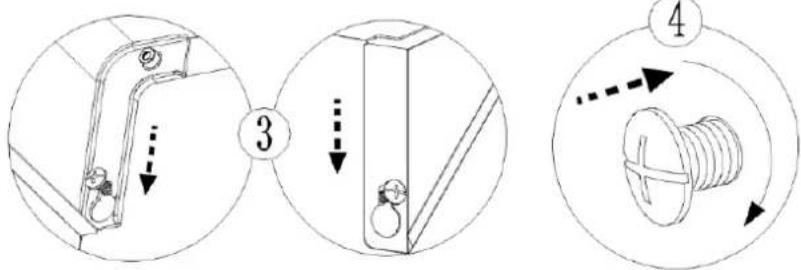 Technical diagram showing three steps of a mechanical assembly: step 3 with a bracket, step 4 with a bolt and nut, and a dashed arrow indicating rotation.