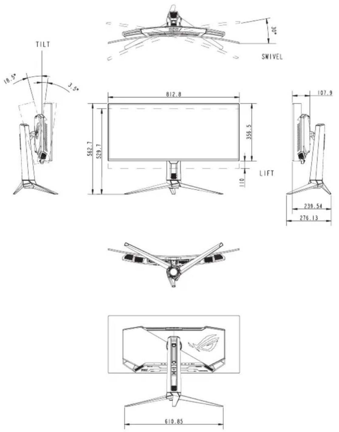 ASUS ROG Swift OLED PG34WCDN - 外形尺寸 - 1