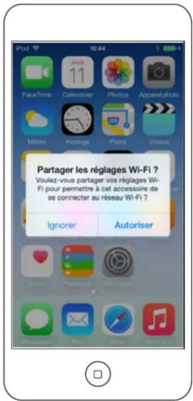 Partager les réglages Wi-Fi ? Voulez-vous partager vos réglages Wi- Fi pour permettre à cet accessoire de se connecter au réseau Wi-Fi ? Ignorer Autoriser