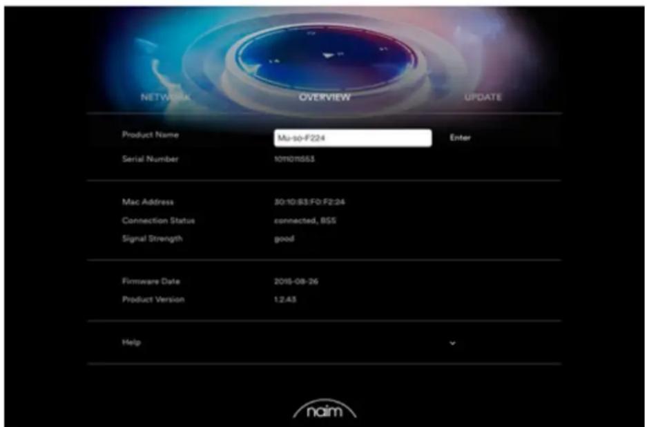 NETWORK OVERVIEW UPDATE Product Name Mu-50-F224 Enter Serial Number 10101663 Mac Address 30-10-B3-F0-F2:24 Connection Status connected, BSS Signal Strength good Firmware Date 2016-08-26 Product Version 1.2.43 Help