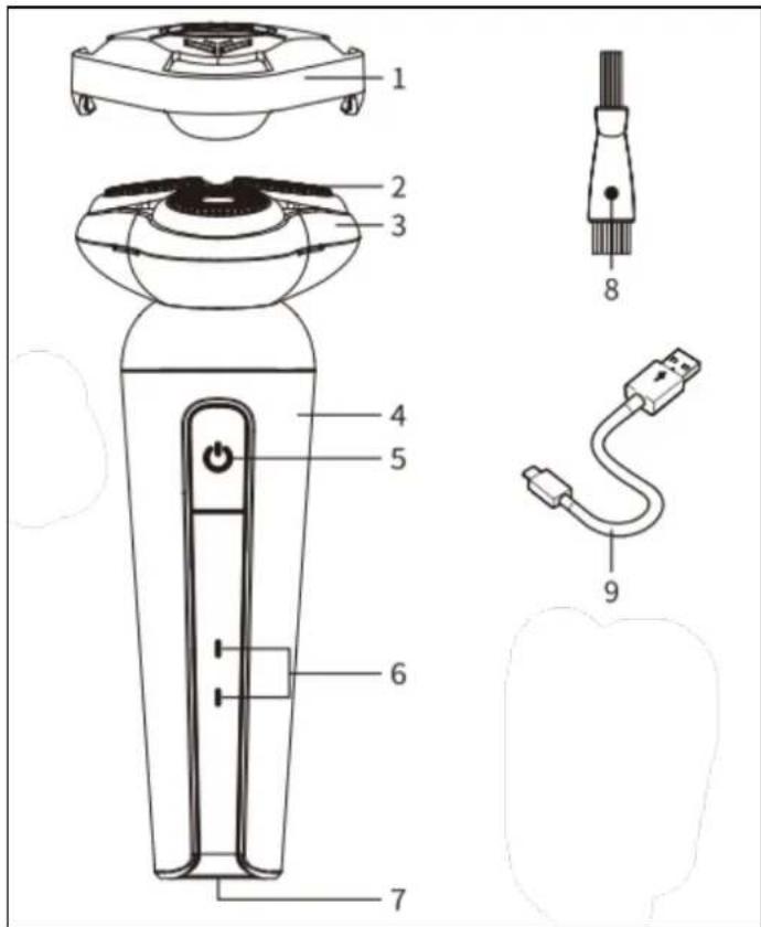 Technical diagram of a hairbrush with labeled parts including head, jaw, and connector components