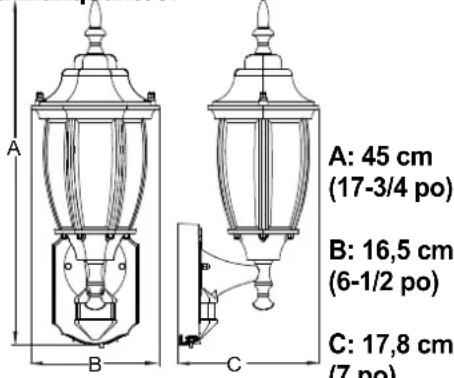 A: 45 cm (17-3/4 po) B: 16,5 cm (6-1/2 po) C: 17,8 cm (7 po)