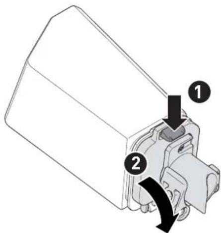 Technical diagram of a mechanical component with numbered parts and directional arrows indicating assembly or motion.