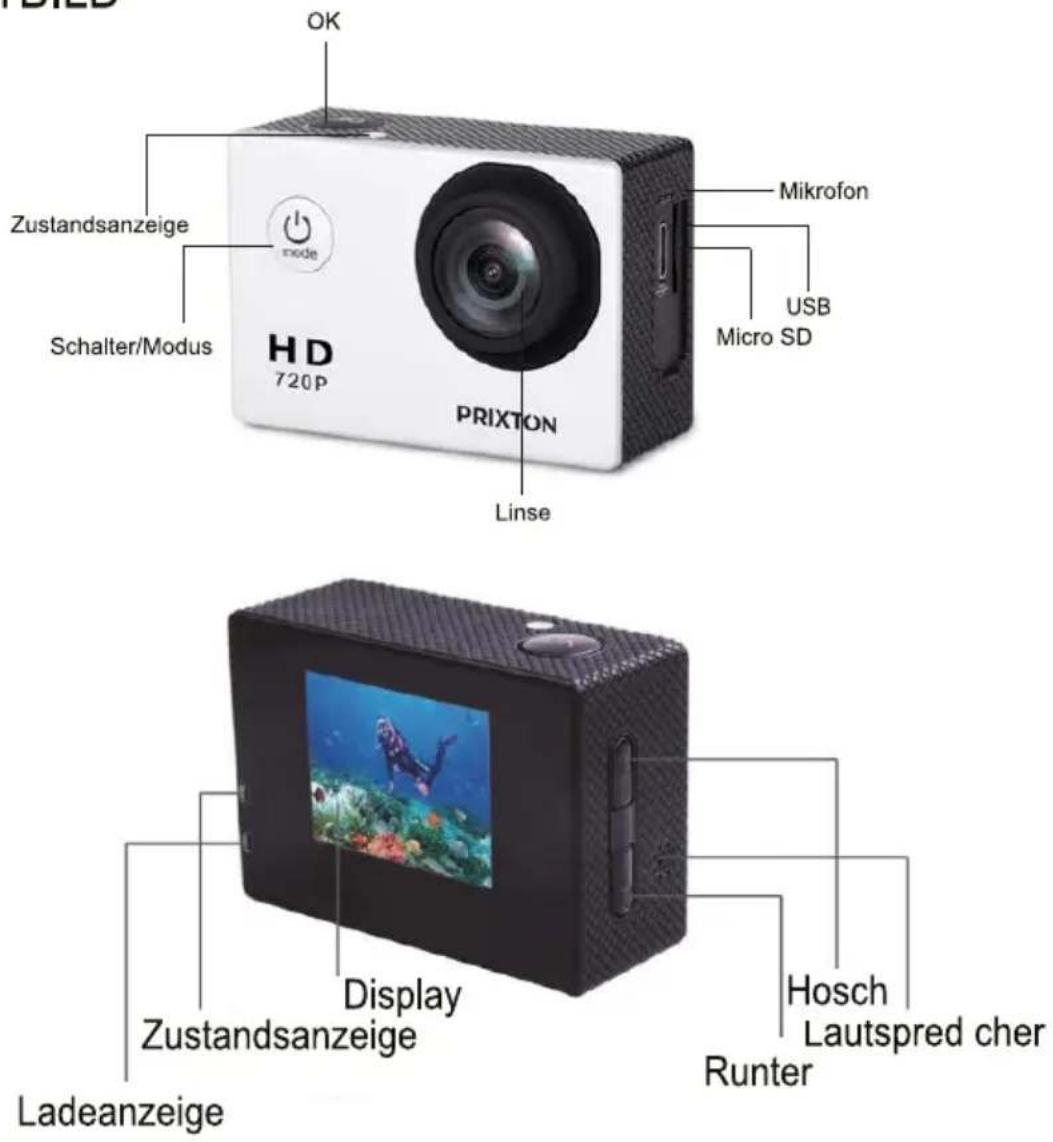 OK Zustandsanzeige Schalter/Modus HD 720P Mikrofon Micro SD LINSE PRIXTON