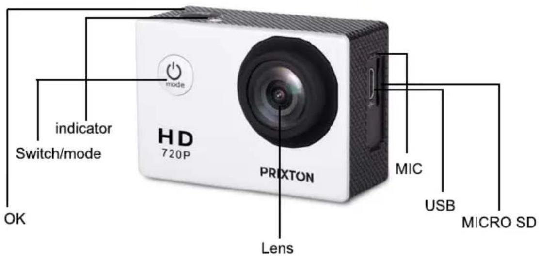 mode indicator Switch/mode HD 720P PRIXTON OK Lens MIC USB MICRO SD