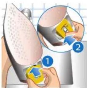 Illustration showing a person using an electric iron with labeled steps 1 and 2, indicating step 2 for cleaning or repair.