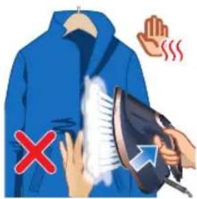 Illustration showing a person using a steam iron to clean clothing, with hand gestures and a red X mark indicating absence or error.
