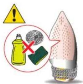 Warning symbol and product image showing a bottle, sponge, and mushroom with a warning sign and cross mark