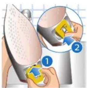 Illustration showing a person using an iron on a machine, with numbered instructions and a magnified view of the process.
