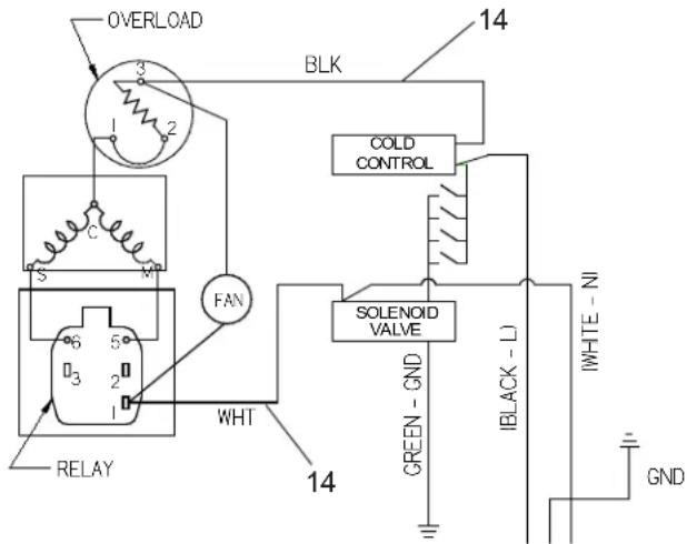 OVERLOAD 3 1 2 BLK COLD CONTROL FAN S M 6 5 O3 2 1 WHT RELAY 14 SOLENOID VALVE GREEN - GND IBLACK - LJ IWHITE - NI GND