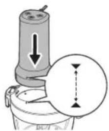Diagram showing a mechanical device with downward force arrows and a magnified circular section indicating measurement or alignment.