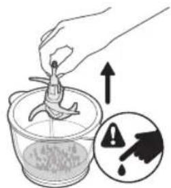 Illustration showing a hand pouring liquid into a bucket with an upward arrow and warning symbols