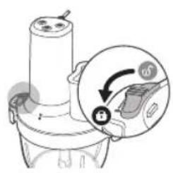 Diagram showing a device with a magnified view of internal components, labeled with arrows and symbols.